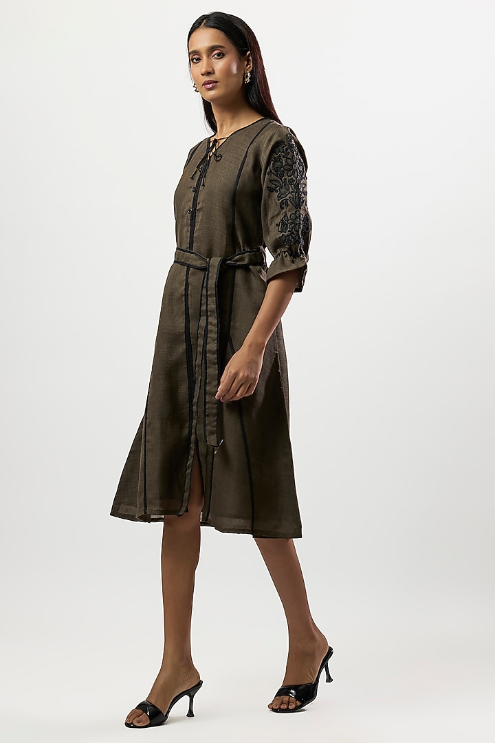 Olive Green Linen Blend Midi Summer Dress by Linera at Pernia's Pop Up Shop