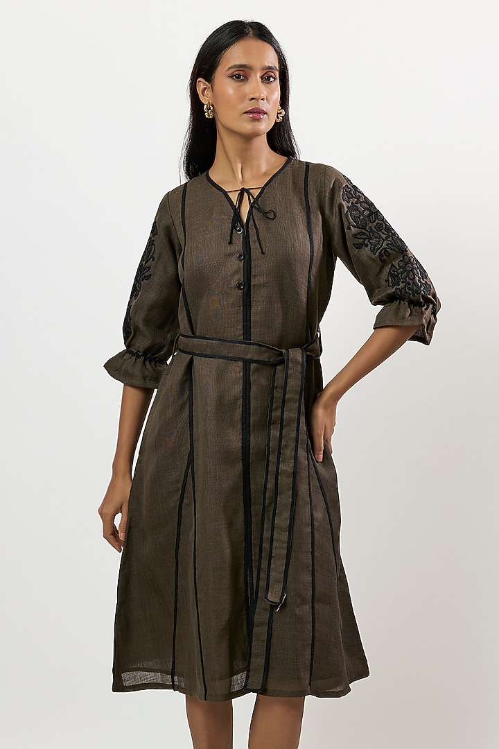 Olive Green Linen Blend Midi Summer Dress by Linera at Pernia's Pop Up Shop