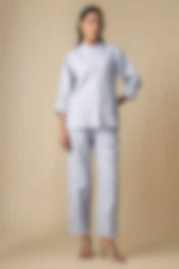 Soft Blue Linen Blend Thread Embroidered Co-Ord Set by Linera at Pernia's Pop Up Shop