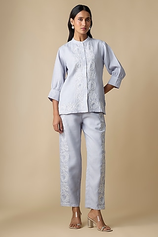 Soft Blue Linen Blend Thread Embroidered Co-Ord Set by Linera