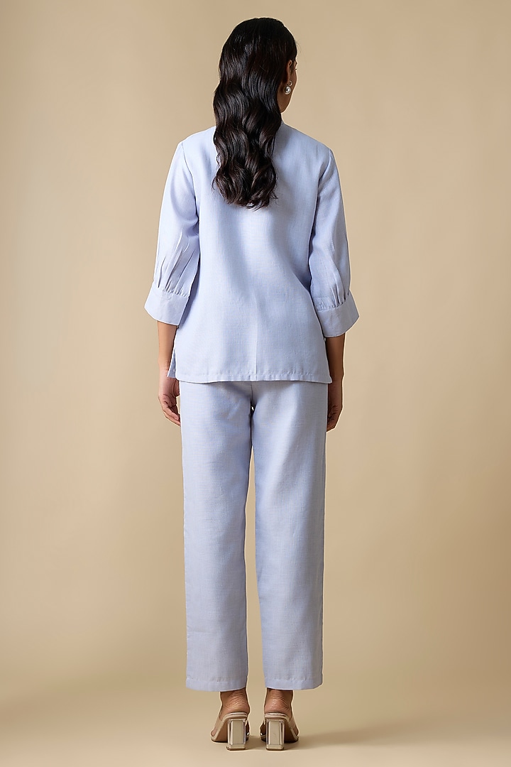Soft Blue Linen Blend Thread Embroidered Co-Ord Set by Linera at Pernia's Pop Up Shop