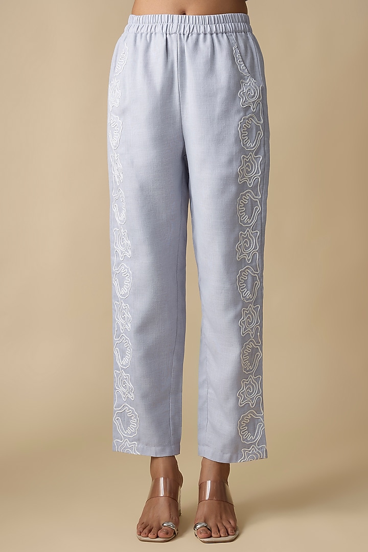 Soft Blue Linen Blend Thread Embroidered Co-Ord Set by Linera at Pernia's Pop Up Shop
