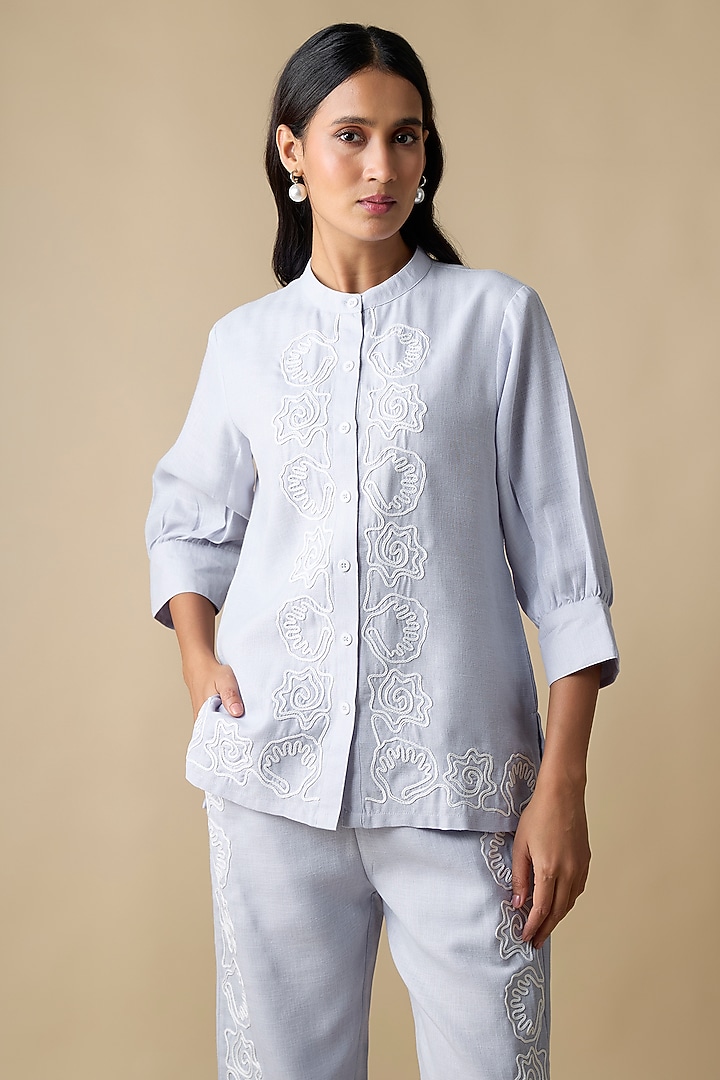 Soft Blue Linen Blend Thread Embroidered Co-Ord Set by Linera at Pernia's Pop Up Shop