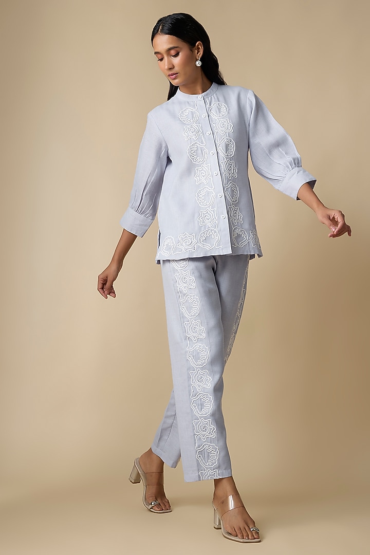Soft Blue Linen Blend Thread Embroidered Co-Ord Set by Linera at Pernia's Pop Up Shop