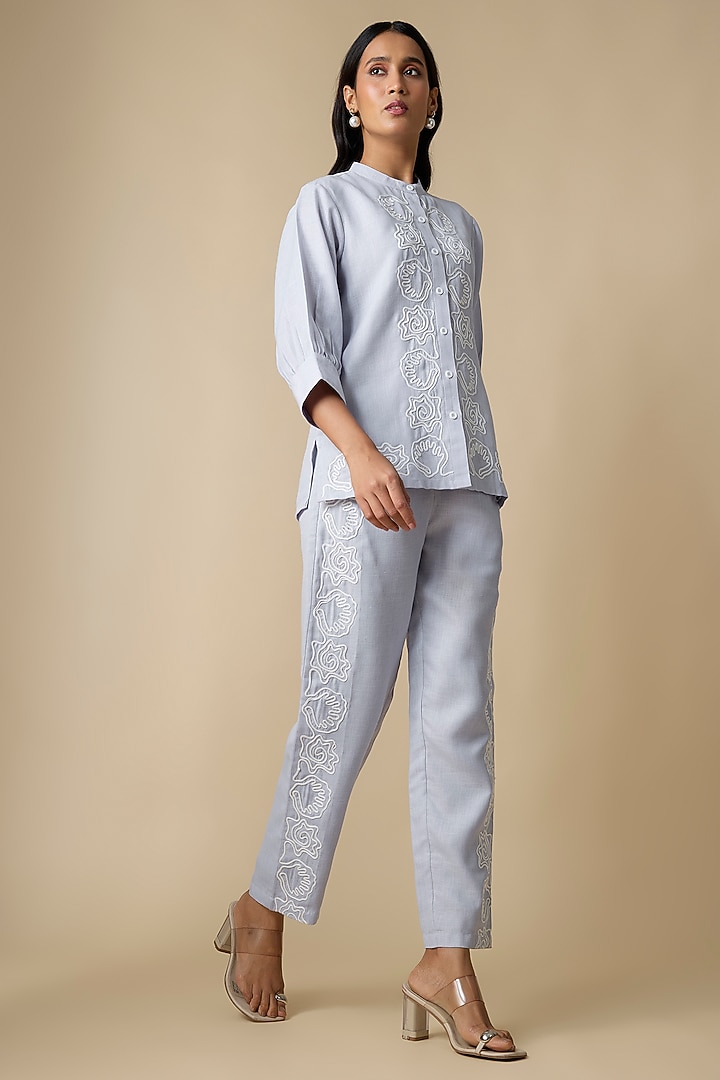 Soft Blue Linen Blend Thread Embroidered Co-Ord Set by Linera at Pernia's Pop Up Shop
