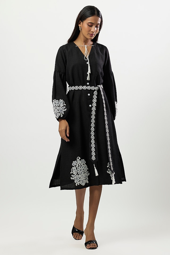 Black Turkish Linen Embroidered Midi Vacation Dress by Linera at Pernia's Pop Up Shop