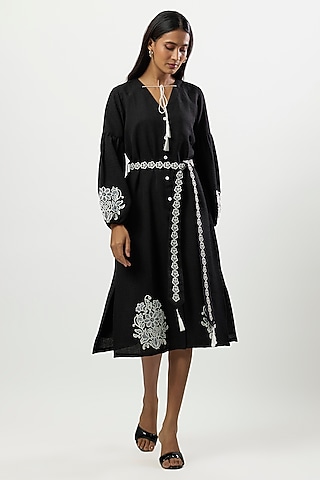 Black Turkish Linen Embroidered Midi Dress by Linera