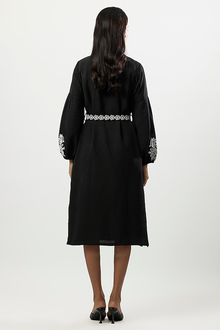 Black Turkish Linen Embroidered Midi Vacation Dress by Linera at Pernia's Pop Up Shop