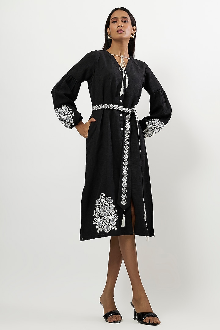 Black Turkish Linen Embroidered Midi Vacation Dress by Linera at Pernia's Pop Up Shop