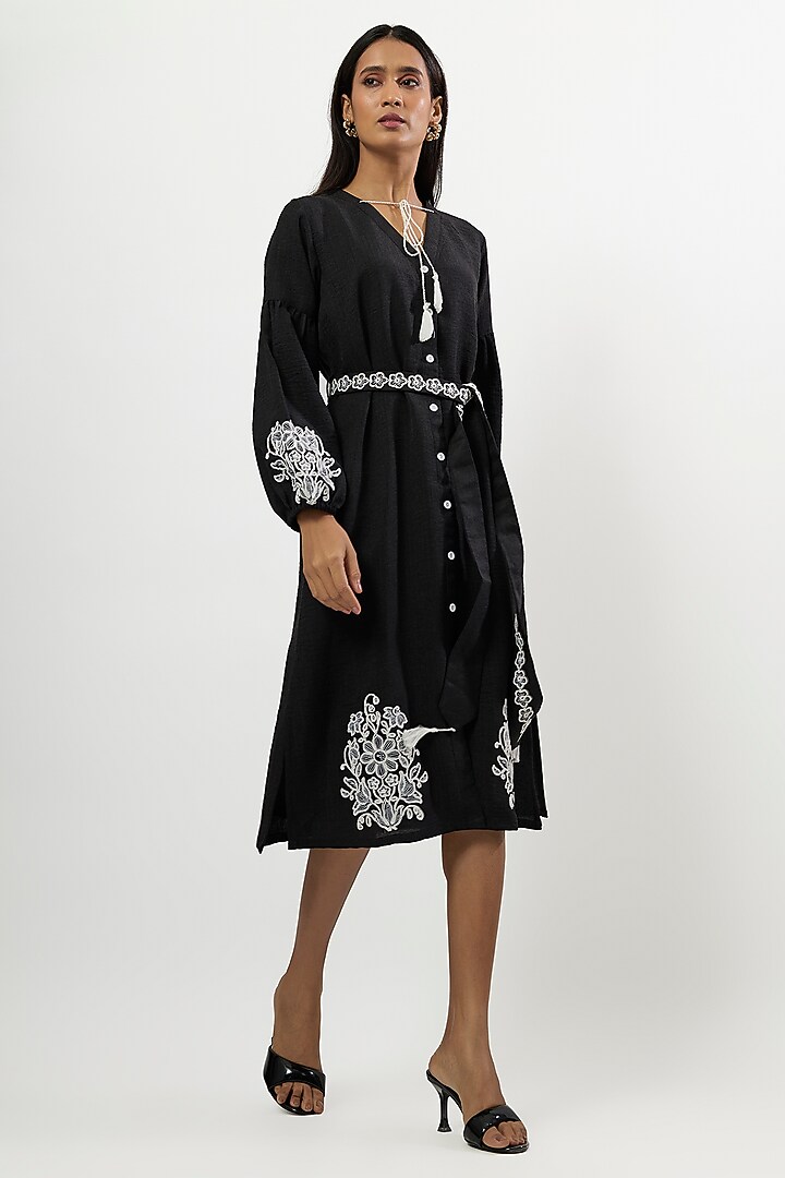 Black Turkish Linen Embroidered Midi Vacation Dress by Linera at Pernia's Pop Up Shop