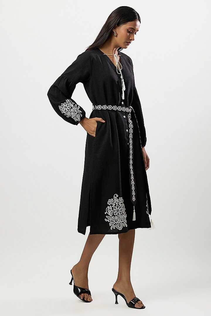 Black Turkish Linen Embroidered Midi Vacation Dress by Linera at Pernia's Pop Up Shop