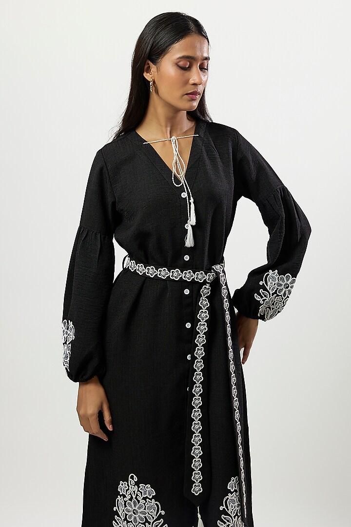 Black Turkish Linen Embroidered Midi Vacation Dress by Linera at Pernia's Pop Up Shop