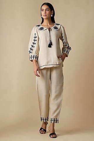Beige Turkish Linen Embroidered Co-Ord Set by Linera