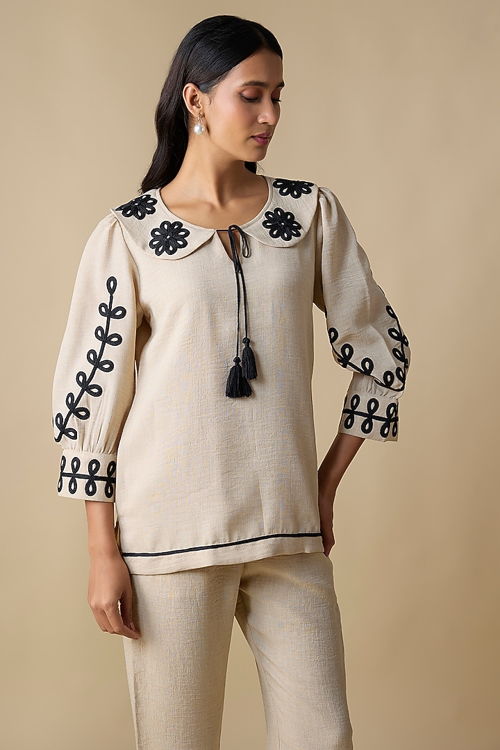 Beige Turkish Linen Embroidered Co-Ord Set by Linera at Pernia's Pop Up Shop