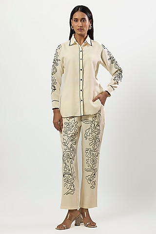 White & Black Turkish Linen Embroidered Co-Ord Set by Linera