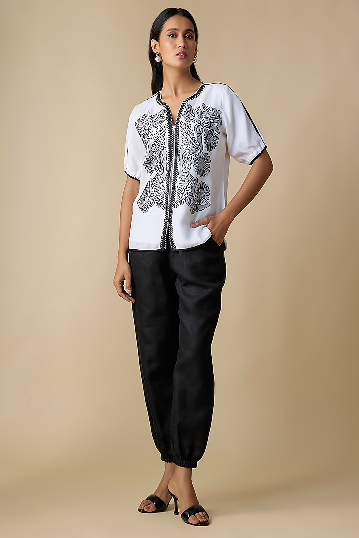 White & Black Linen Blend Embroidered Co-Ord Set by Linera at Pernia's Pop Up Shop