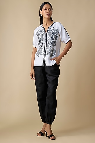 White & Black Linen Blend Embroidered Co-Ord Set by Linera
