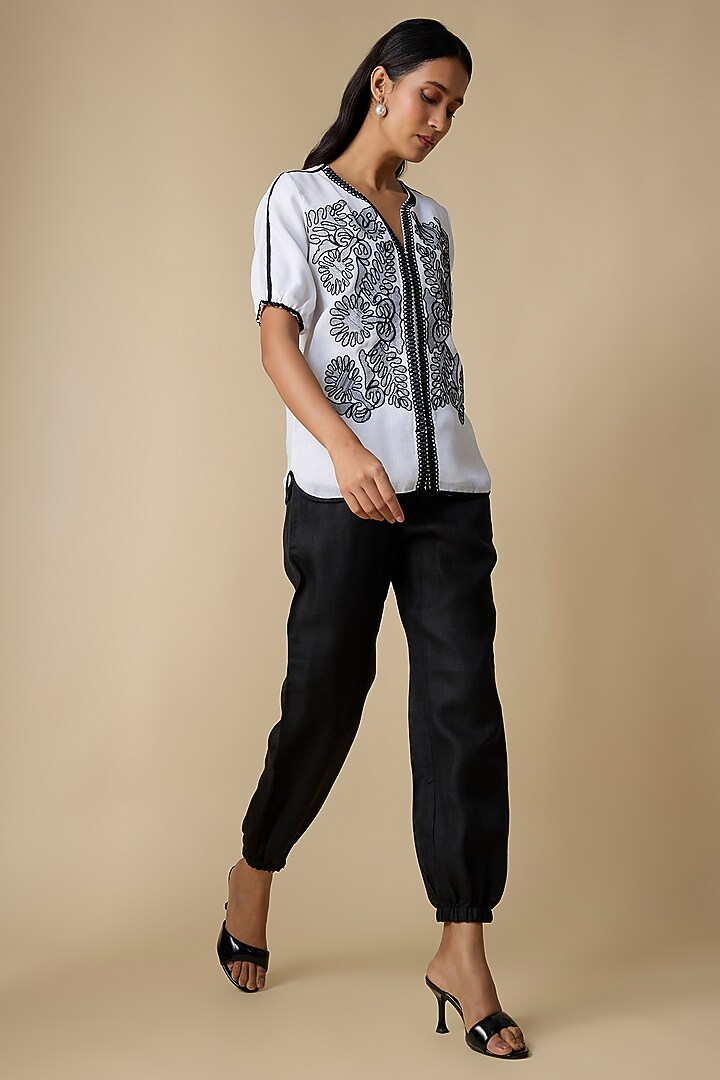 White & Black Linen Blend Embroidered Co-Ord Set by Linera at Pernia's Pop Up Shop
