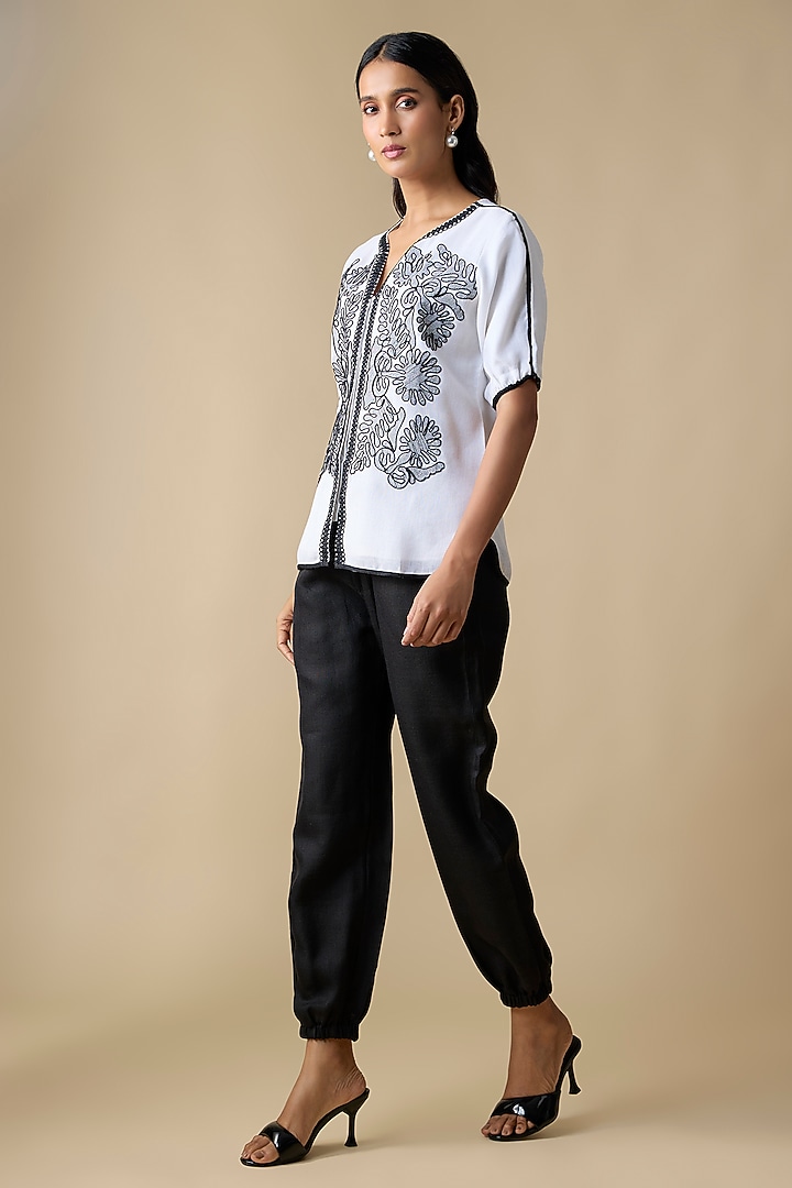 White & Black Linen Blend Embroidered Co-Ord Set by Linera at Pernia's Pop Up Shop