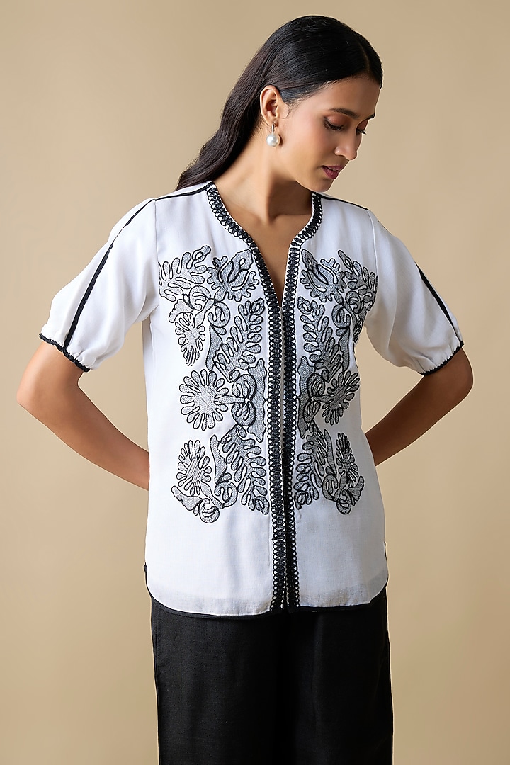 White & Black Linen Blend Embroidered Co-Ord Set by Linera at Pernia's Pop Up Shop