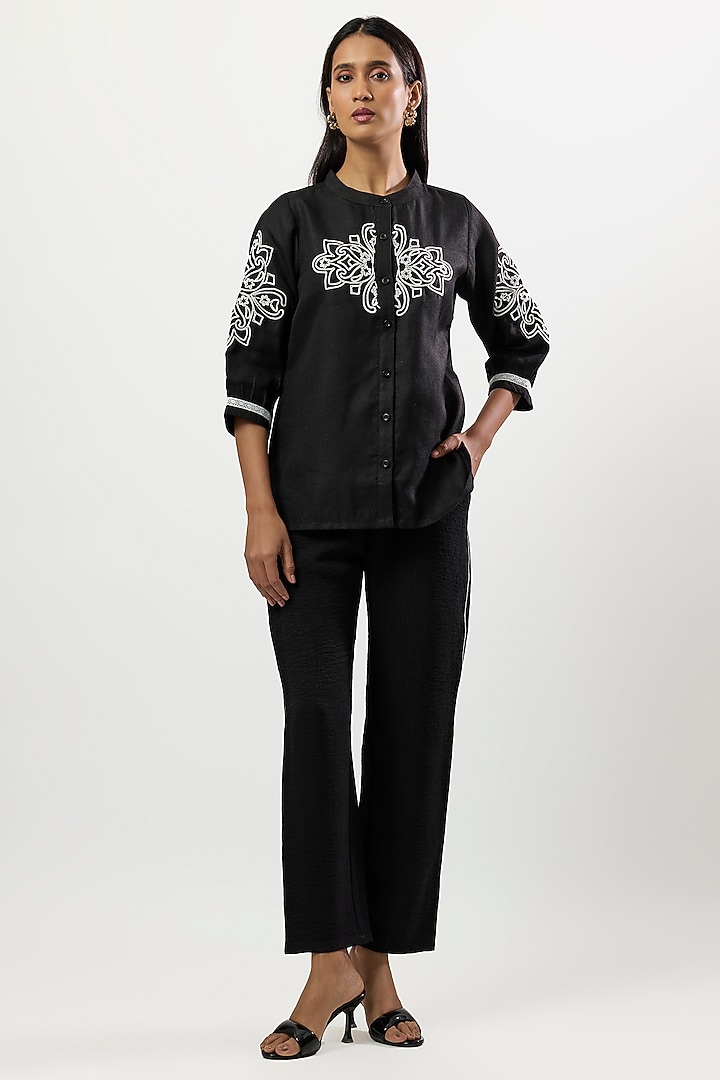 Black Linen Blend Embroidered Co-Ord Set by Linera at Pernia's Pop Up Shop