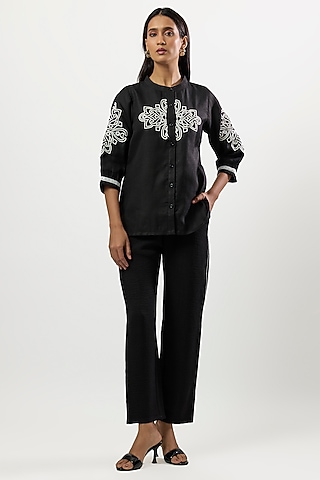 Black Linen Blend Embroidered Co-Ord Set by Linera