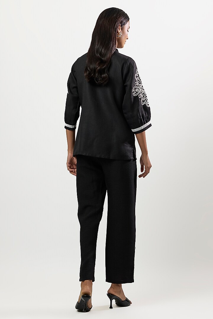 Black Linen Blend Embroidered Co-Ord Set by Linera at Pernia's Pop Up Shop