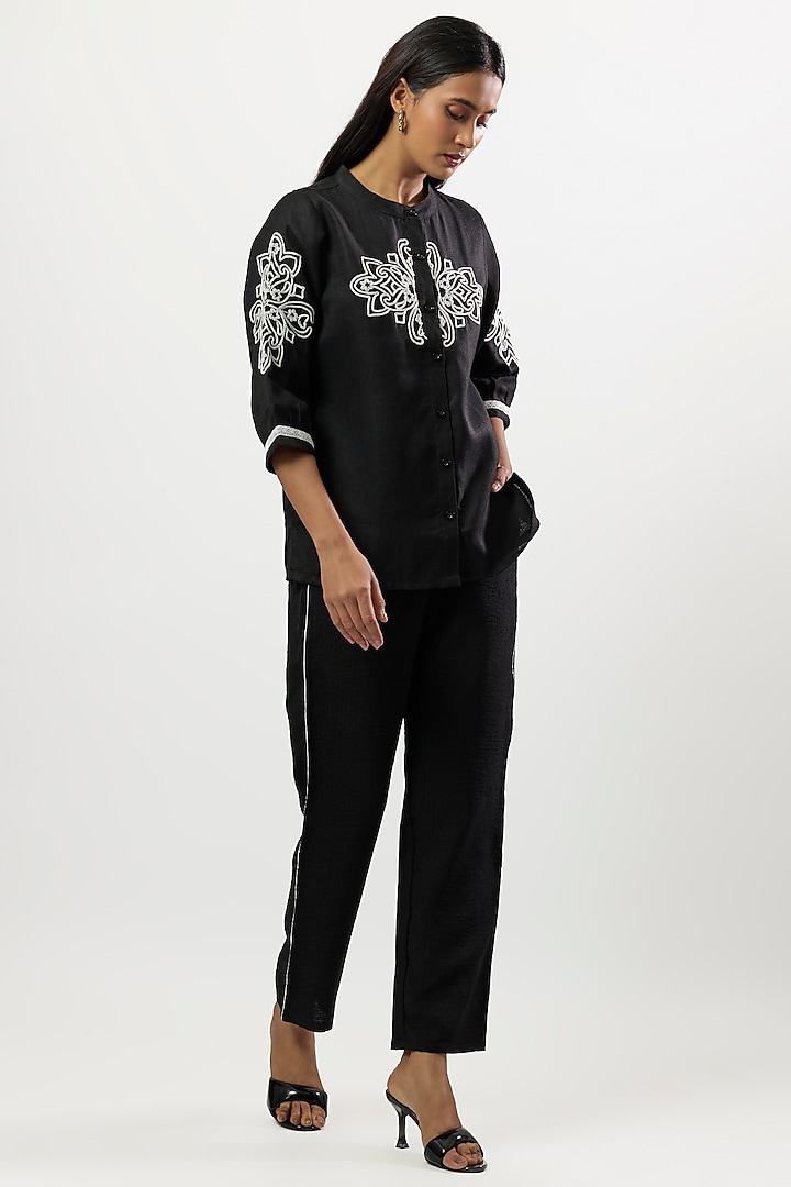 Black Linen Blend Embroidered Co-Ord Set by Linera at Pernia's Pop Up Shop