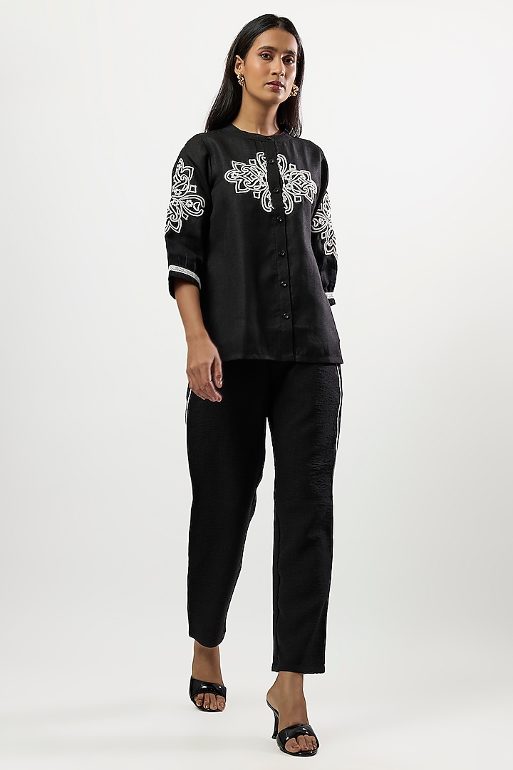 Black Linen Blend Embroidered Co-Ord Set by Linera at Pernia's Pop Up Shop