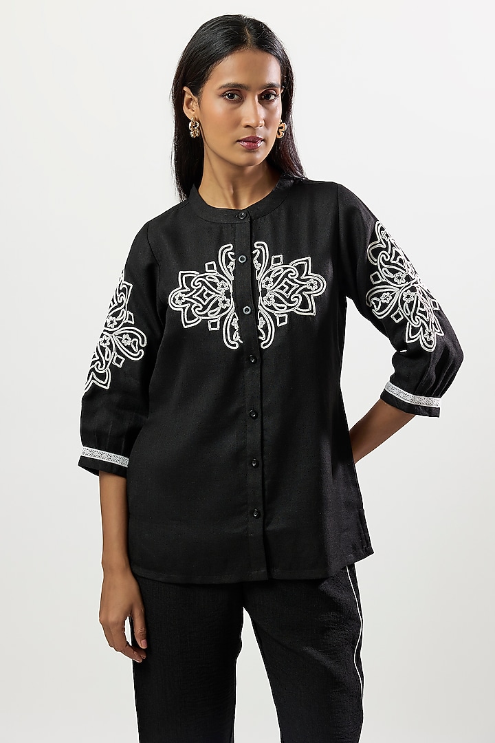 Black Linen Blend Embroidered Co-Ord Set by Linera at Pernia's Pop Up Shop