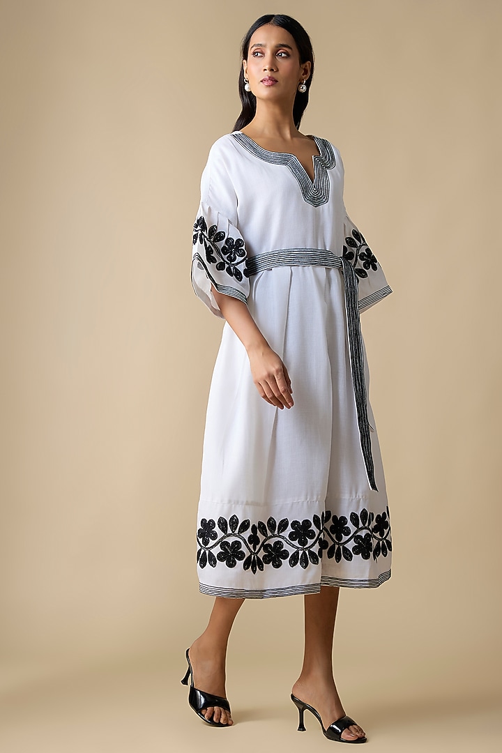 White & Black Linen Blend Embroidered Midi Vacation Dress by Linera at Pernia's Pop Up Shop