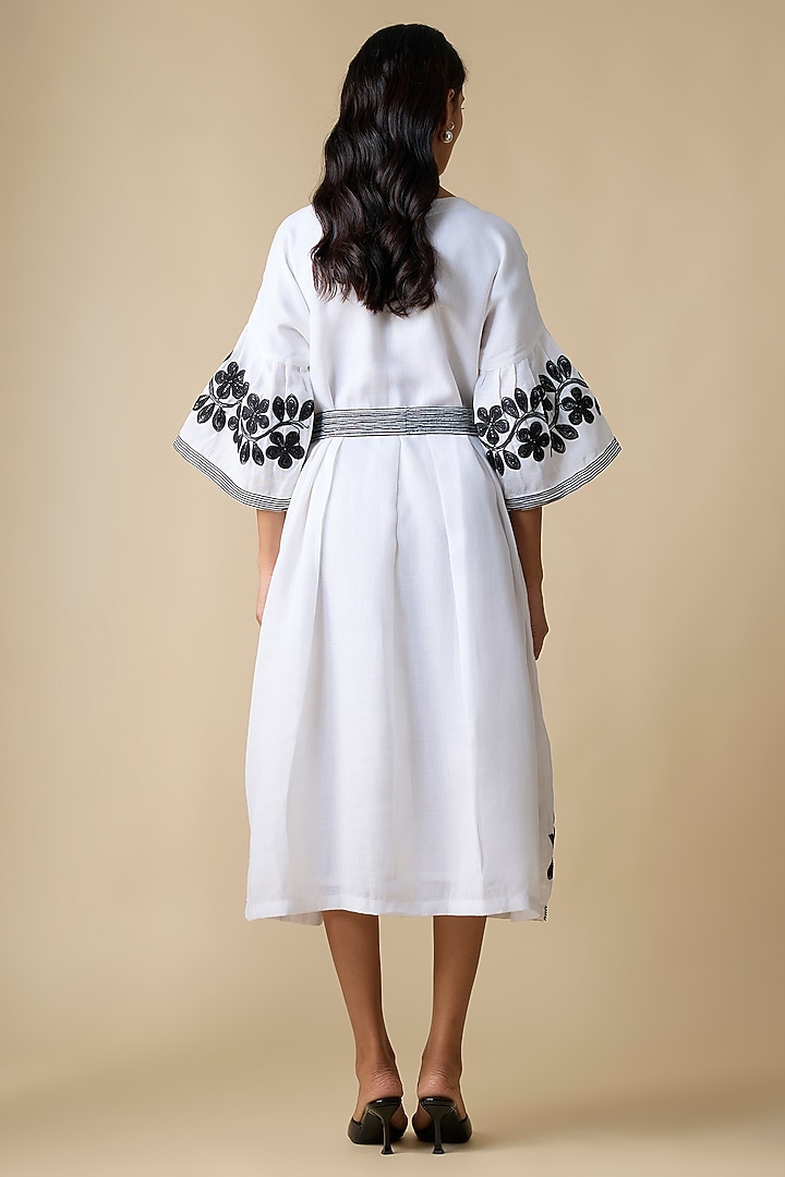 White & Black Linen Blend Embroidered Midi Vacation Dress by Linera at Pernia's Pop Up Shop