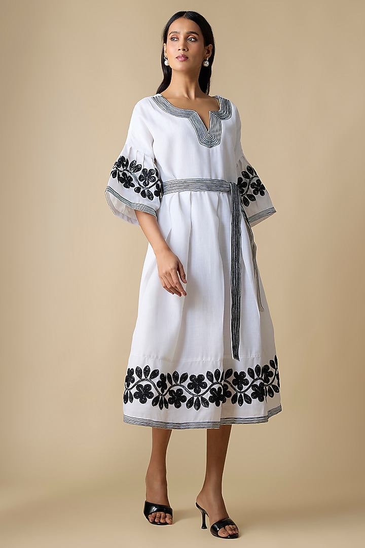 White & Black Linen Blend Embroidered Midi Vacation Dress by Linera at Pernia's Pop Up Shop