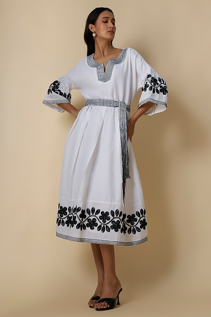 White & Black Linen Blend Embroidered Midi Vacation Dress by Linera at Pernia's Pop Up Shop