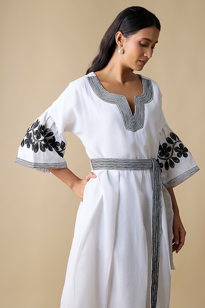White & Black Linen Blend Embroidered Midi Vacation Dress by Linera at Pernia's Pop Up Shop