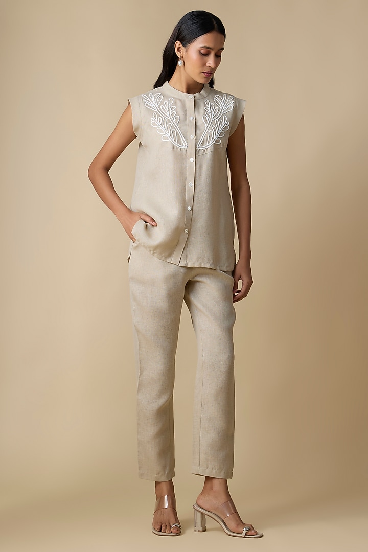 Beige Pure Linen Waistcoat Set by Linera at Pernia's Pop Up Shop
