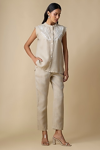 Beige Pure Linen Waistcoat Set by Linera