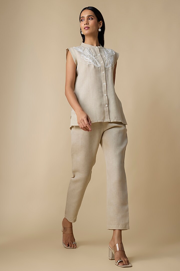 Beige Pure Linen Waistcoat Set by Linera at Pernia's Pop Up Shop