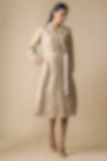 Beige Linen Blend Self Embroidered Midi Vacation Dress by Linera at Pernia's Pop Up Shop