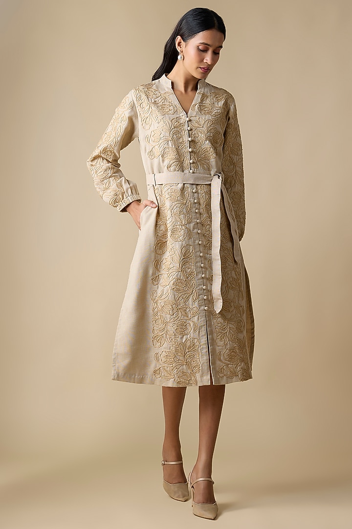 Beige Linen Blend Self Embroidered Midi Vacation Dress by Linera at Pernia's Pop Up Shop