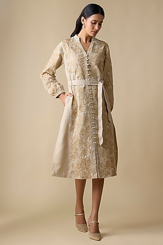 Beige Linen Blend Self Embroidered Midi Dress by Linera