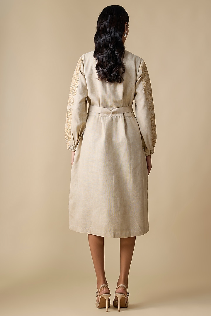 Beige Linen Blend Self Embroidered Midi Vacation Dress by Linera at Pernia's Pop Up Shop