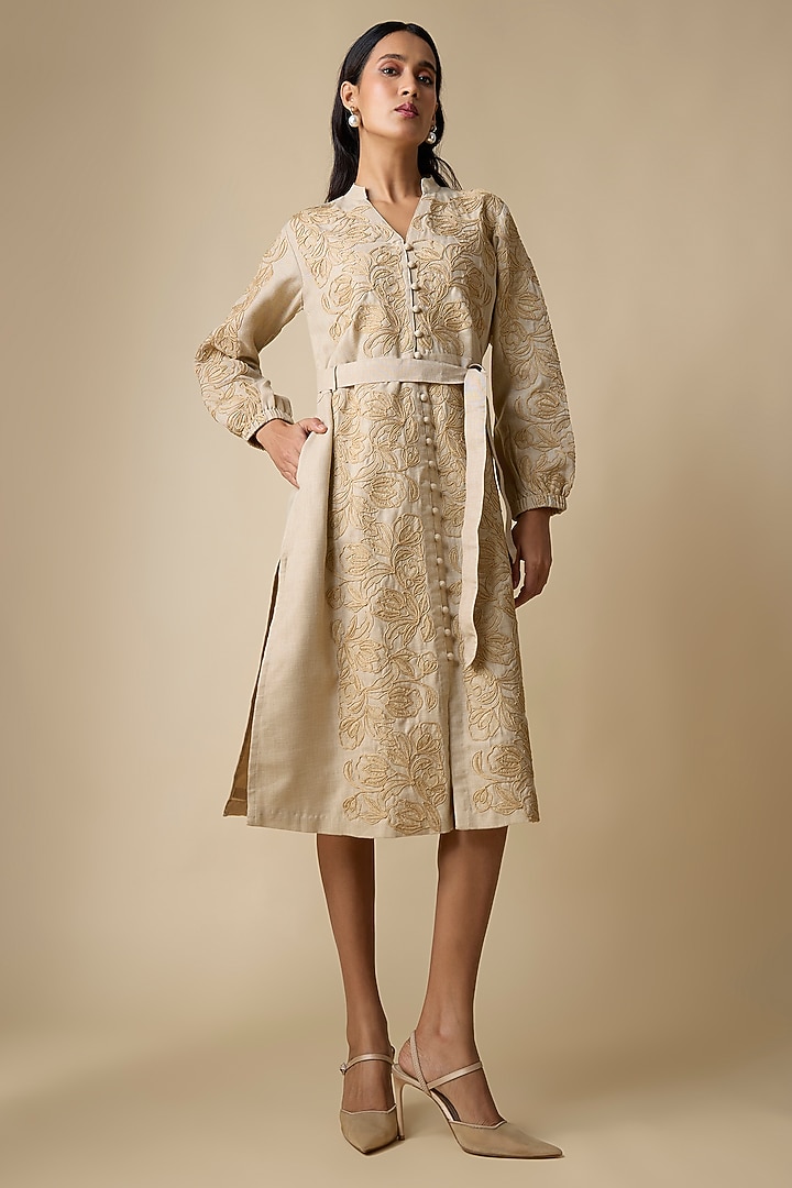 Beige Linen Blend Self Embroidered Midi Vacation Dress by Linera at Pernia's Pop Up Shop