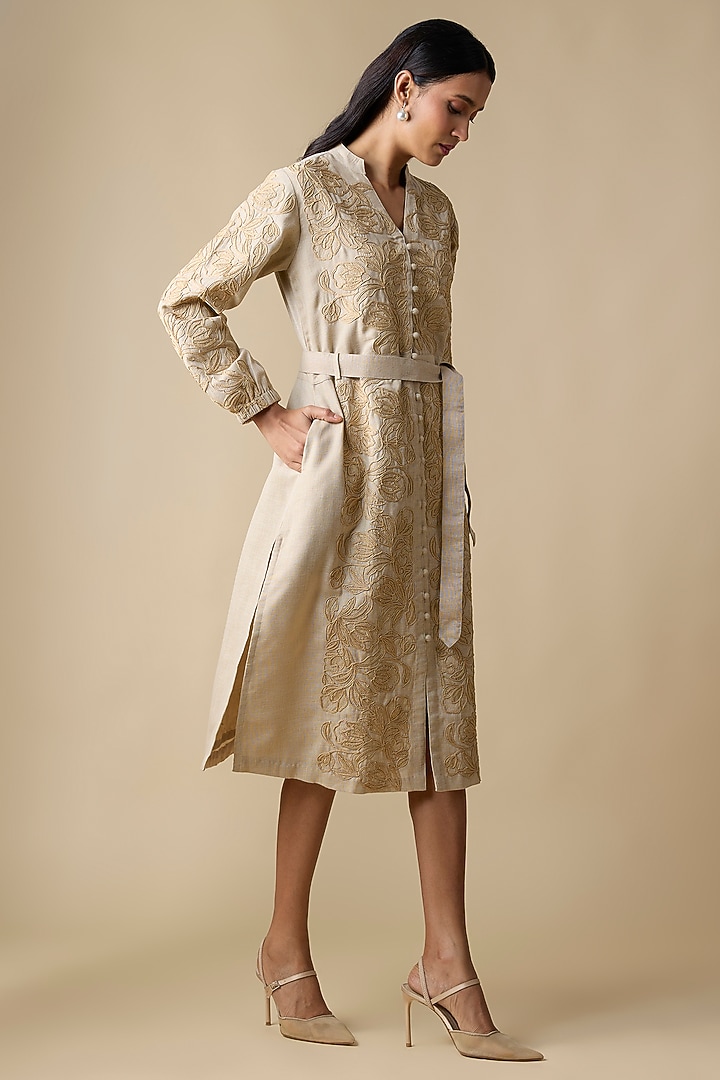 Beige Linen Blend Self Embroidered Midi Vacation Dress by Linera at Pernia's Pop Up Shop