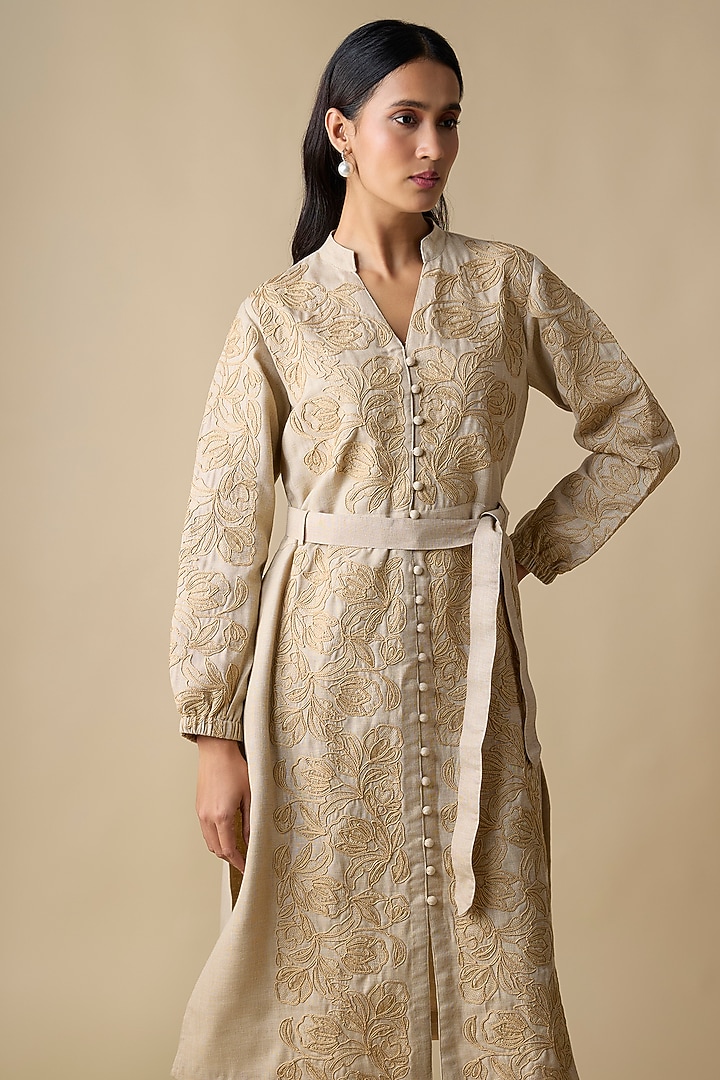 Beige Linen Blend Self Embroidered Midi Vacation Dress by Linera at Pernia's Pop Up Shop