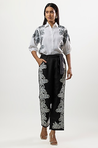 White & Black Linen Blend Embroidered Co-Ord Set by Linera