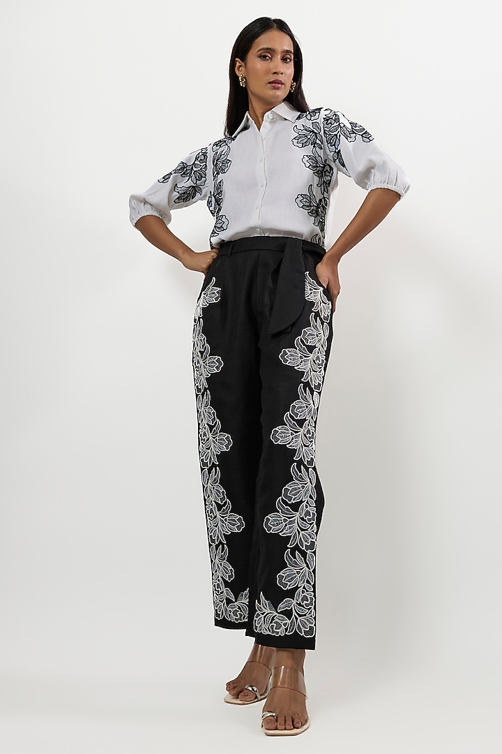 White & Black Linen Blend Embroidered Co-Ord Set by Linera at Pernia's Pop Up Shop