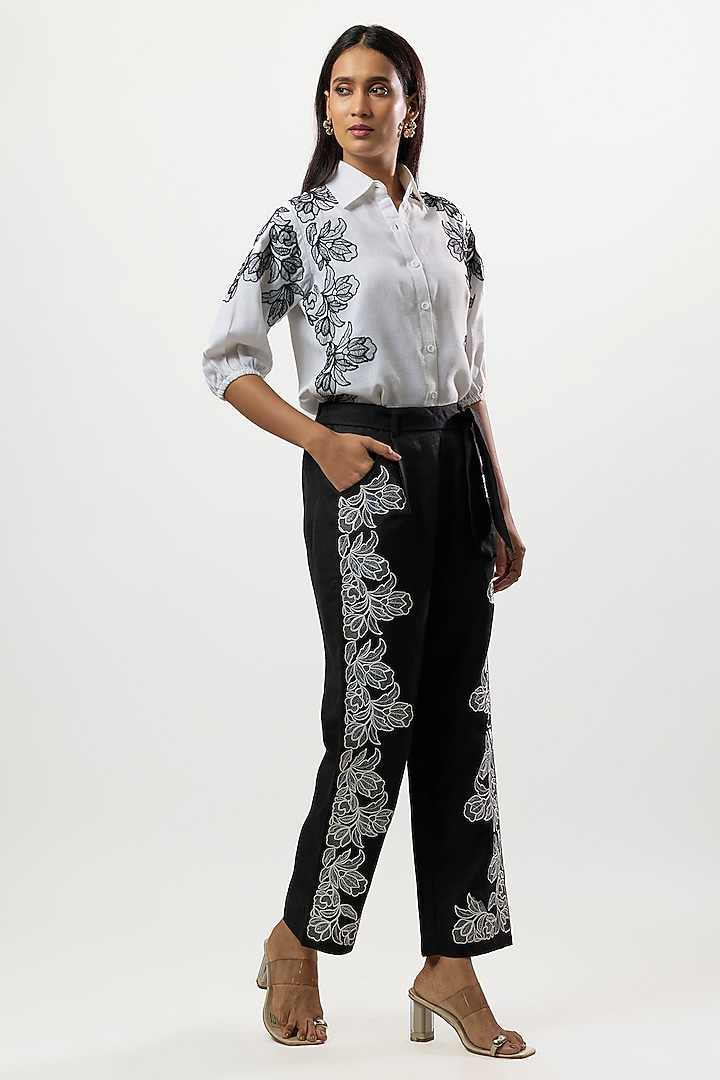 White & Black Linen Blend Embroidered Co-Ord Set by Linera at Pernia's Pop Up Shop