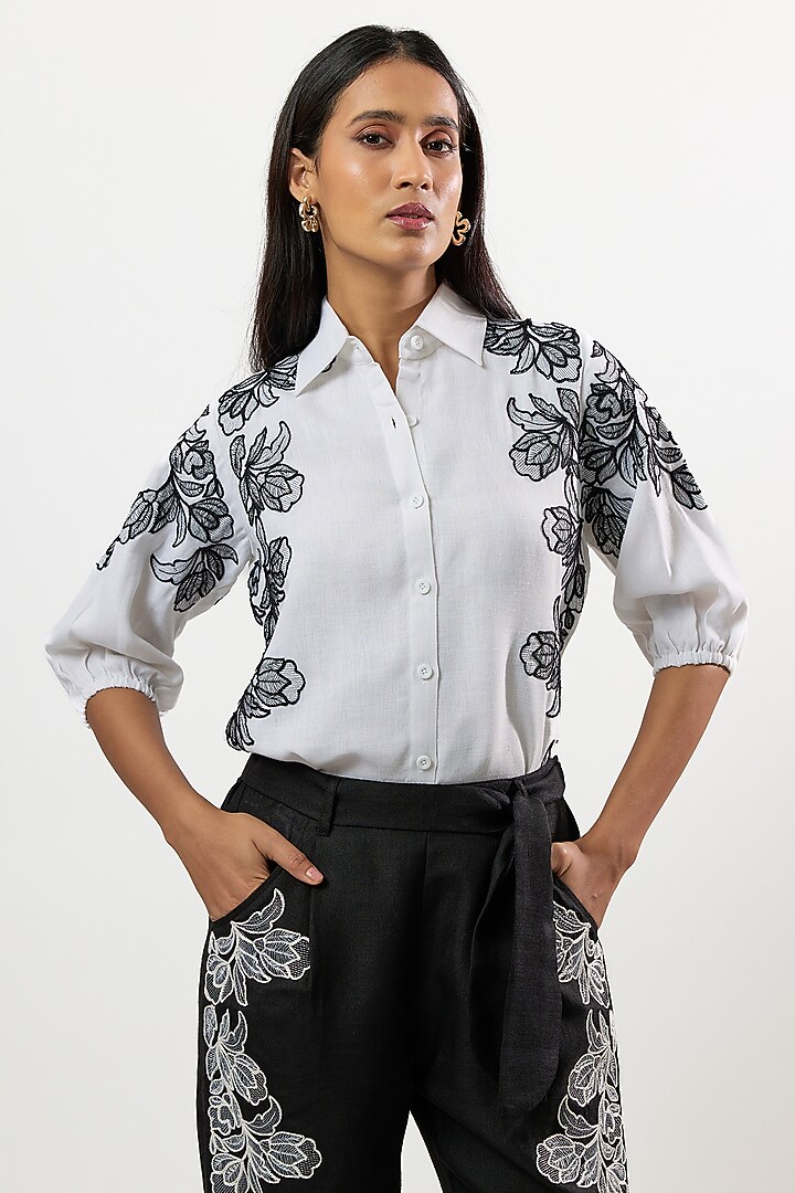 White & Black Linen Blend Embroidered Co-Ord Set by Linera at Pernia's Pop Up Shop