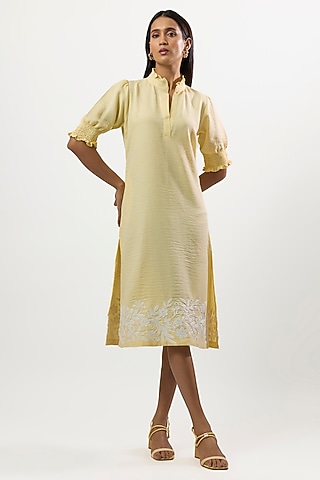 Yellow Turkish Linen Embroidered Dress by Linera